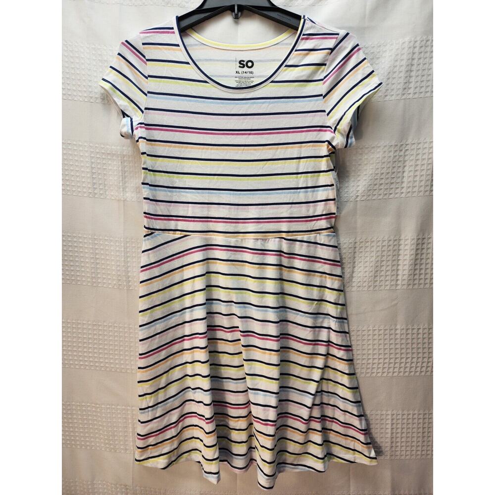 SO Girls Dress Sz 14-16 Soft Fit And Flare Striped Short Sleeve Midi 0219